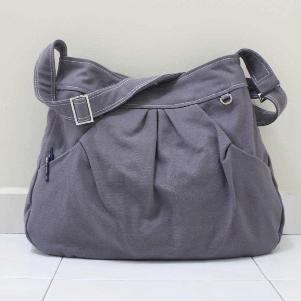 MAY Sale - Gray Canvas Women Single Strap, shoulder bag, Cross body Sling bag, Handbag - Pleated Hoodie Market Bag