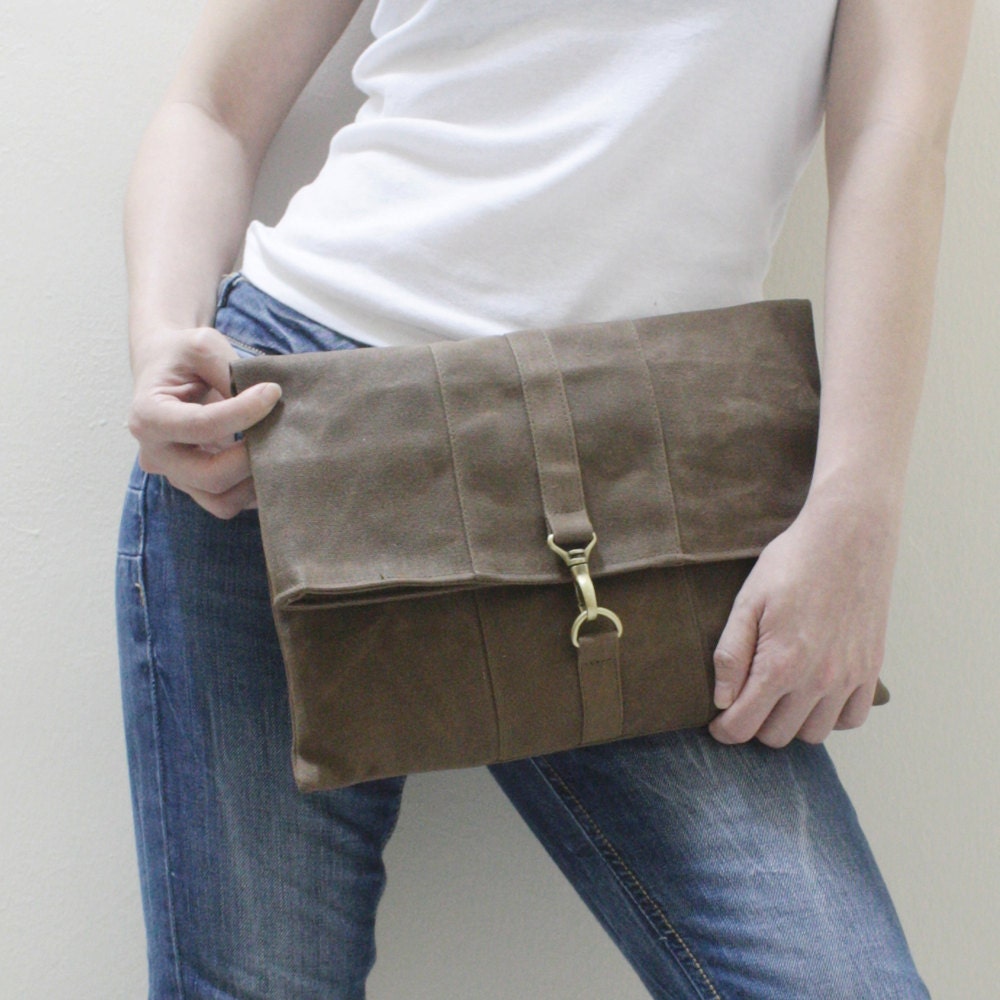 MAY Sale - Brown Waxed Canvas Unisex Clutch Bag, Wristlet, iPad Sleeve, iPad Case, iPad Cover, Handbag -  WITT Clutch Bag