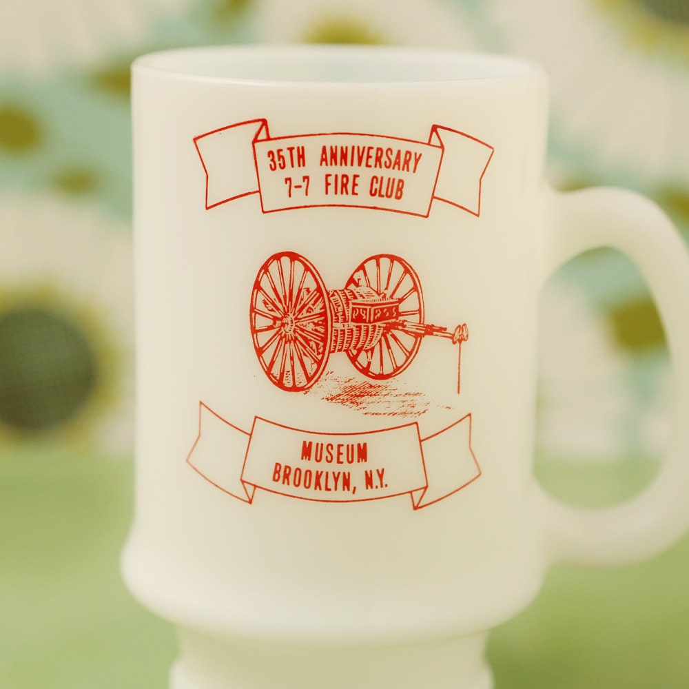 Vintage Milk Glass Coffee Mug, Fire Club Anniversary, Brooklyn, White