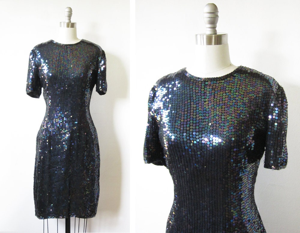 black sequin dress / vintage 1980s sequin party dress / metallic dress