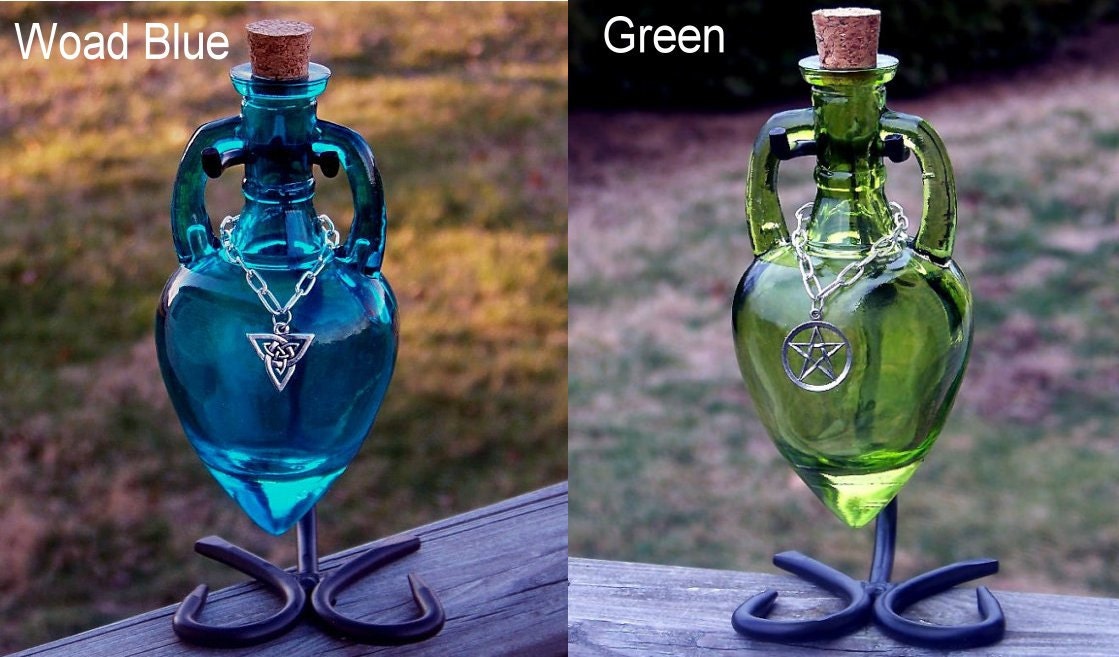 CELTIC WITCH Triquetra Priestess of Avalon Aqua Blue Amphora Magic Potion Bottle, Enchanting Corked Glass Vessel with Sturdy Metal Stand