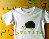 hedgehog tshirt. children tshirt. hand printed tshirt. hand stamped tshirt. limited edition. white. READY TO SHIP