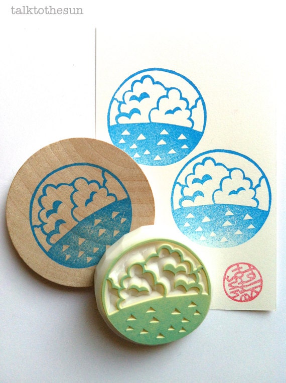 summer ocean rubber stamp. circle rubber stamp. hand carved stamp. hand carved rubber stamp. mounted. READY TO SHIP