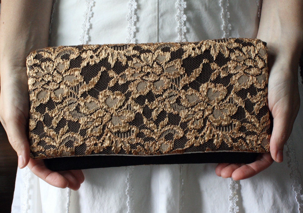 The LENA CLUTCH - Gold Lace and Black Satin Clutch - Wedding Clutch Purse - Bridesmaid Gift Idea