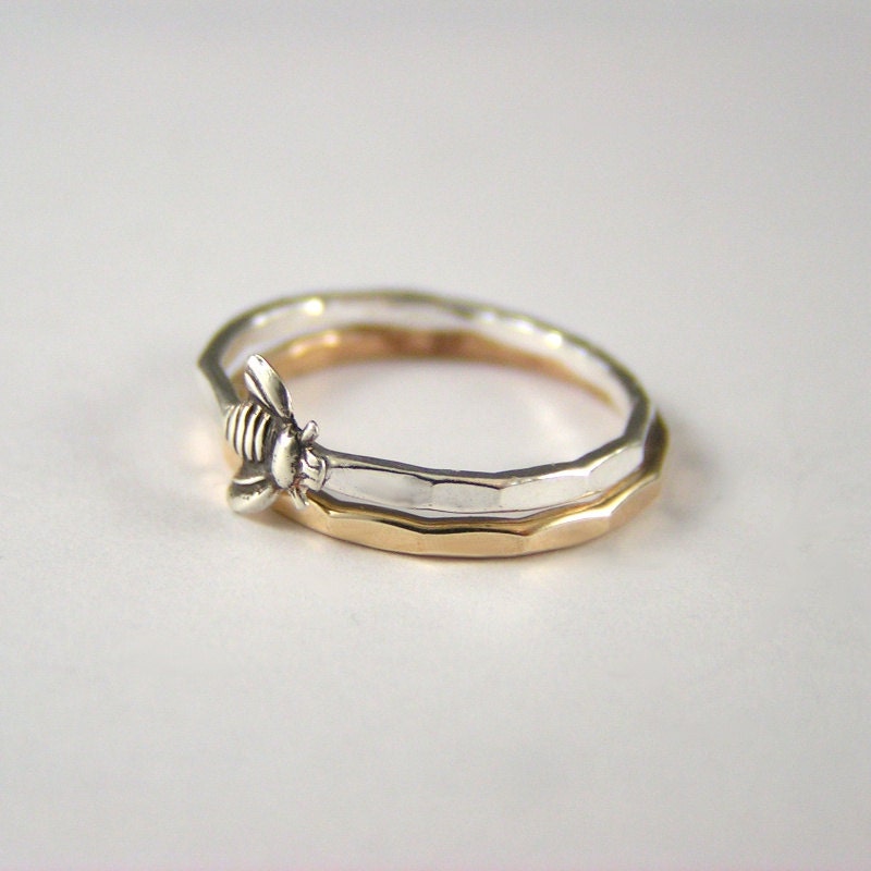 Gold Filled Stack Band Ring, Sterling Silver Bee Stack Band Ring, Set Of 2 Rings