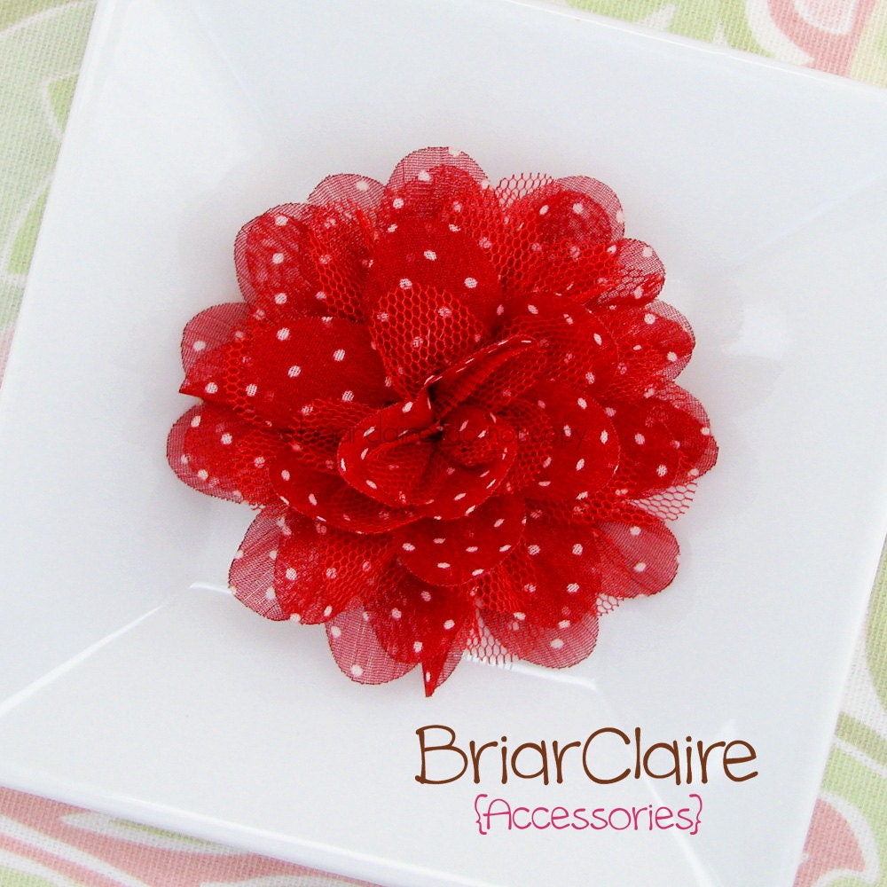 Molly - Red with White Polka Dots Satin and Tulle Puff Flower Alligator Clip