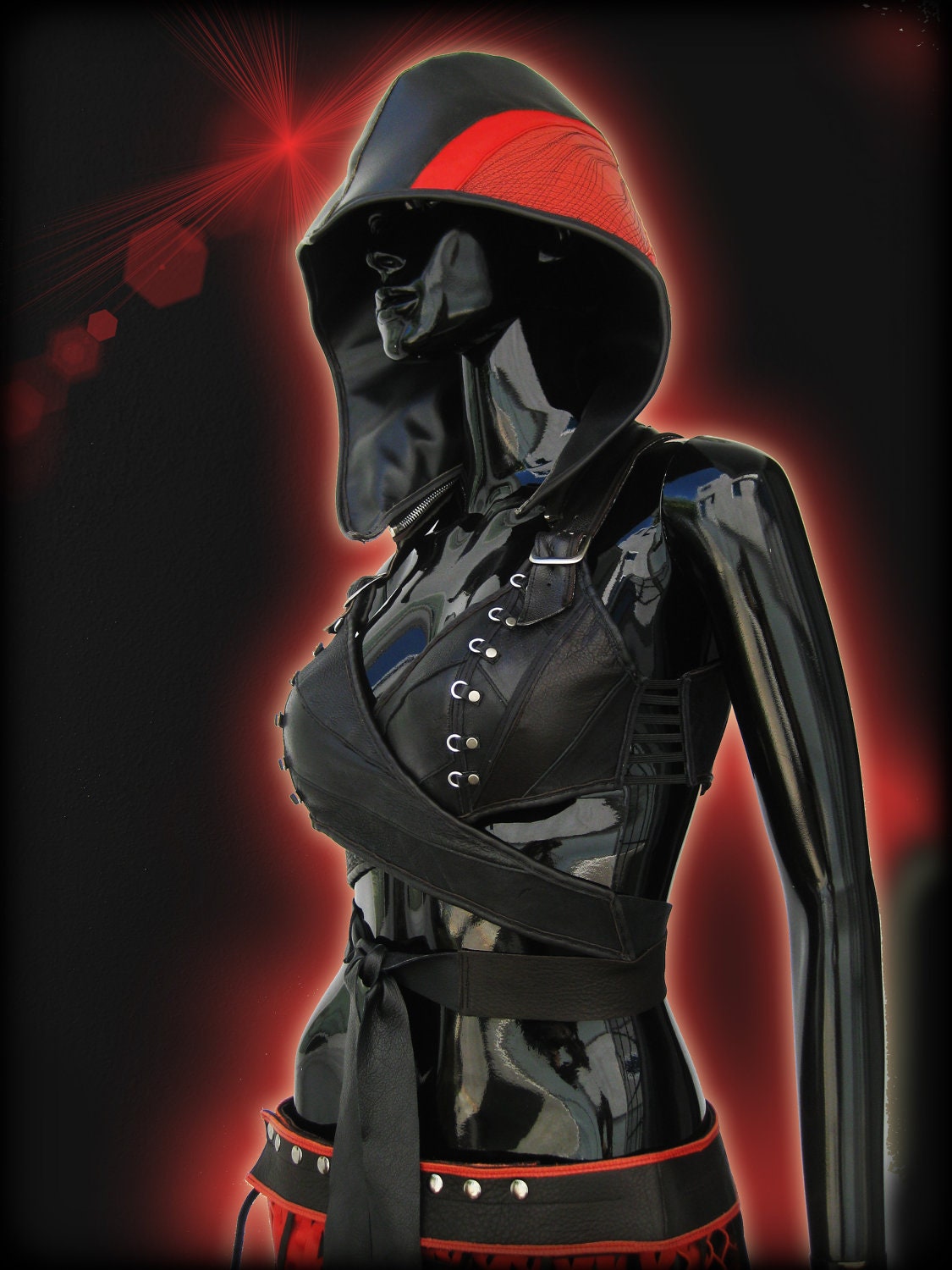 Leather Wrapping Top Womens with Eyelets and Push-Up inserts, Detaching Billowing Xtra Large Hood