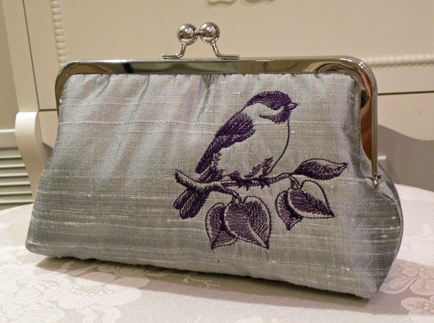 Bird On A Branch..Silk  Fabric Clutch/Purse/Bag.... Embroidered Deep Purple Toile..Silver..Bridal Gift..Free Monogram
