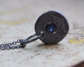 petite blue sapphire necklace in sterling silver, flush set blue sapphire in darkened silver,  ready to ship