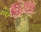 Pink Roses in a Clay Jar, original oil on canvas, 12"x16", plein air, still life, flowers, floral, garden