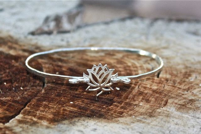 Lotus Flower Sterling Silver Bangle Bracelet - Yoga Jewelry, Lotus Flower Jewelry