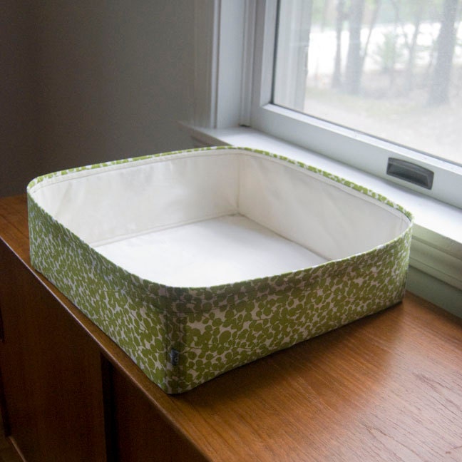 Modern Cat Bed in Graphic Green and Cream Leaf Fabric, Off White Interior Fabric