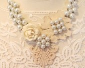 Bridal wedding necklace statement lace necklace cream and white pearl necklace vintage style hand beaded lace-Sugared Almonds Necklace