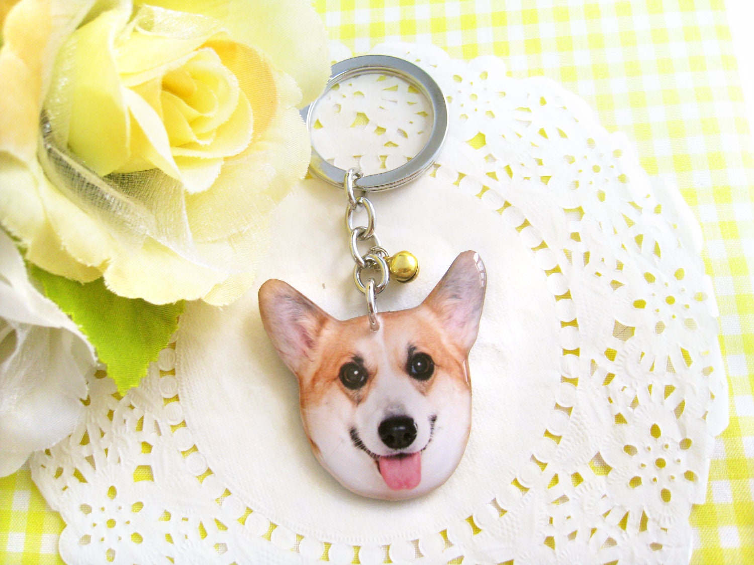 Yellowish Orange and White Welsh Corgi  Puppy dog head keychain - A0015-K CG