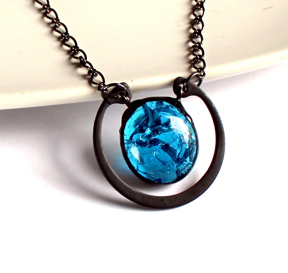 Lucky Aqua Crackle Stained Glass Neckalce
