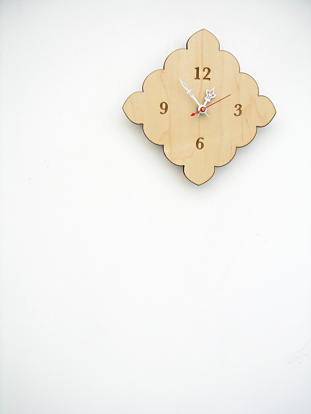 small wall clock with scalloped edges - pale blue, cherry red, natural birch