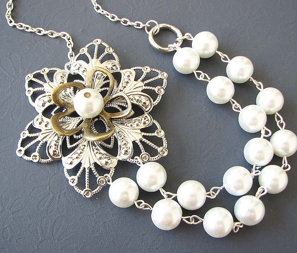Bridal Jewelry Flower Necklace Statement Necklace Bridal Wedding Jewelry Double Strand Pearl Necklace