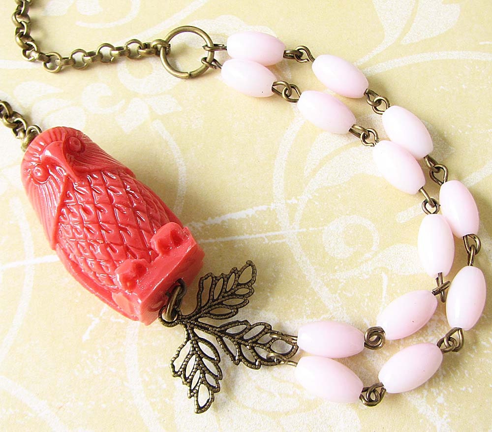 Owl Necklace Owl Jewelry Coral Necklace Red Coral Jewelry Bib Statement Necklace Pink Double Strand Necklace