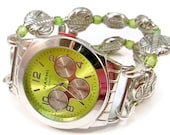 Ladies Watch with Interchangeable Watch Band Silver and Lime Green Beads OOAK - babbleon