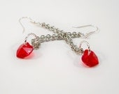 Red Earrings, Red Swarovski Crystals Earrings, Heart Earrings,Chain Earrings, Dangle Earrings, Long Earrings