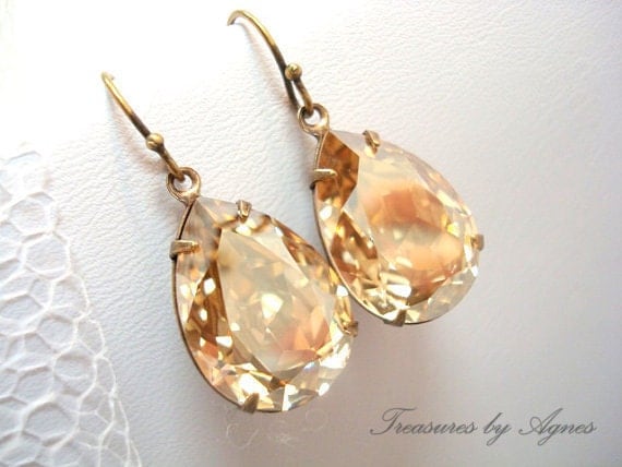 Vintage style earrings, bridal earrings, wedding jewelry with Swarovski golden shadow crystals and antique brass accents, estate style