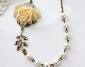 An Ivory Large Rose Flower Ivory Pearls, Brass Leaf Necklace. Wedding Bridal. Vintage Inspired.  Bridesmaids Necklace Gifts. Maid of Honor.