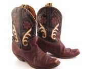 Inlay Cowboy Boots Vintage 1940s  Burgundy Brown and Black 40s Leather men's 9