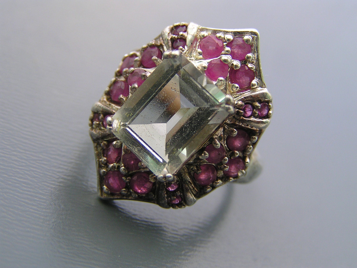 Vintage Victorian Revival Sterling Silver Genuine Ruby & Crystal Dinner Ring