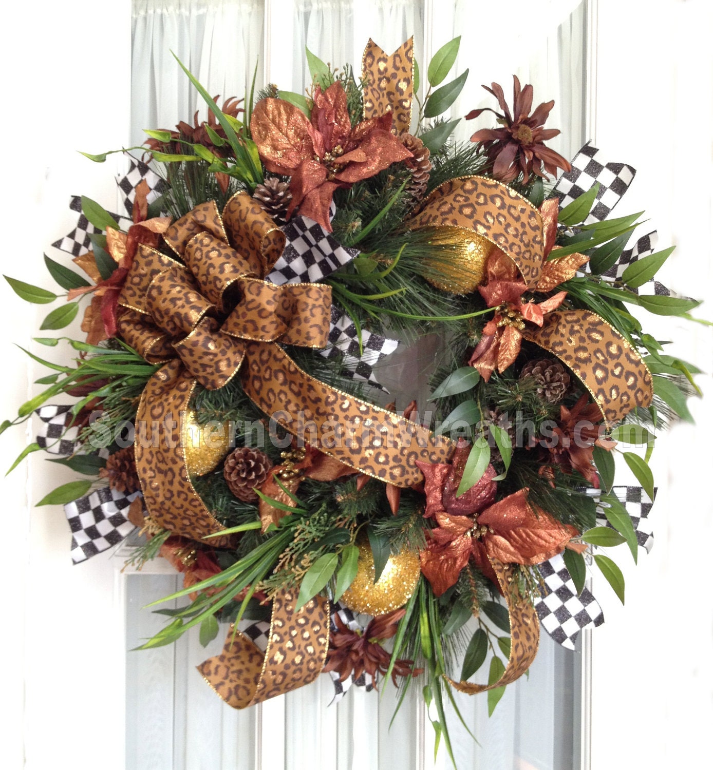 XL Spectacular Christmas Wreaths Poinsettia Pine Whimsical Door Wreath Cheetah Bronze Gold