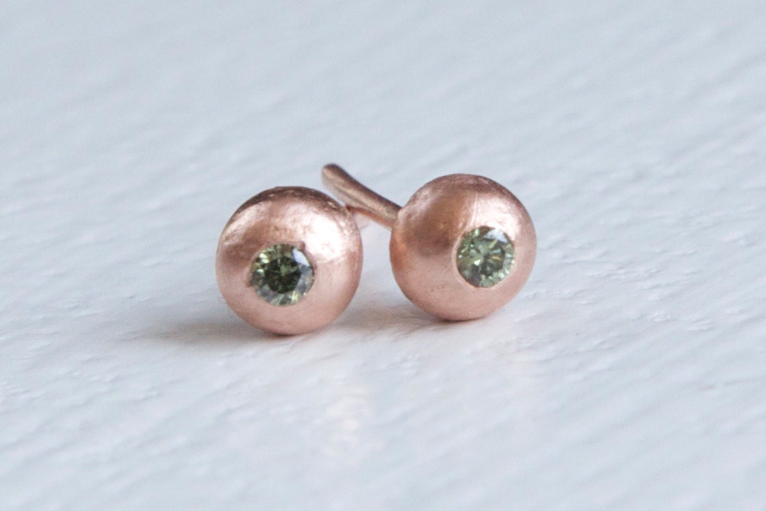 Green Diamond and 14k Recycled Rose Gold Pebble Studs - pink gold post earrings flush set stone