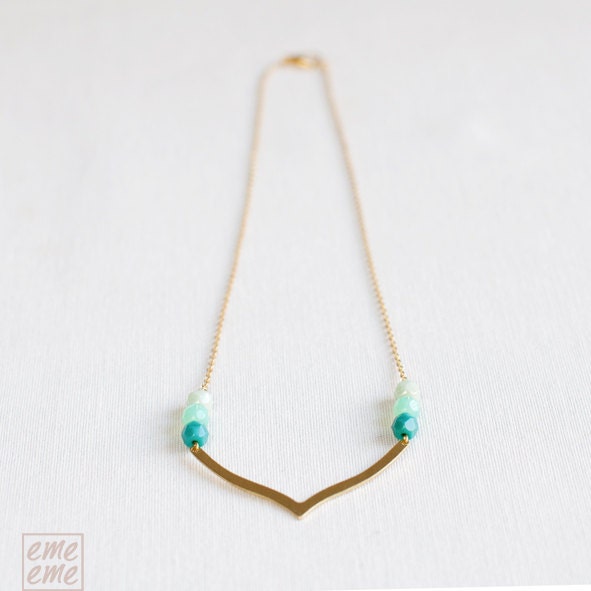 V necklace - Art Deco necklace - Raw Brass V and turquoise faceted glass beads - art deco jewelry - glass jewelry - strand