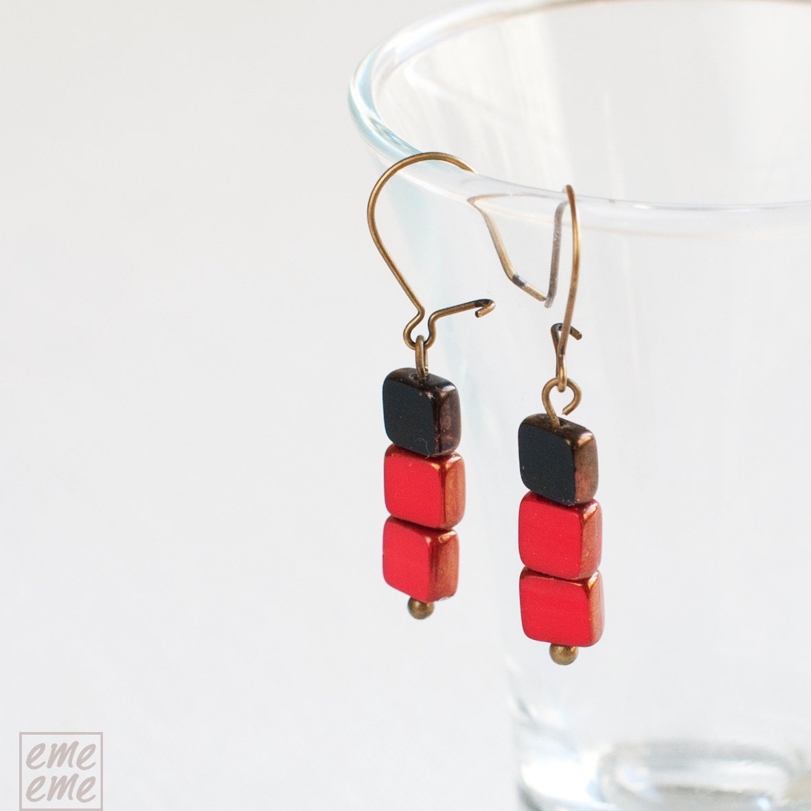 Czech glass Earrings - black and cherry red czech glass square beads - dangle earrings - drop earrings - Mother's Day Gifts