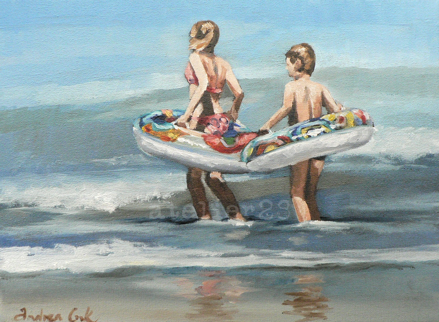 children playing in the sea with inflatable rings giclee art print