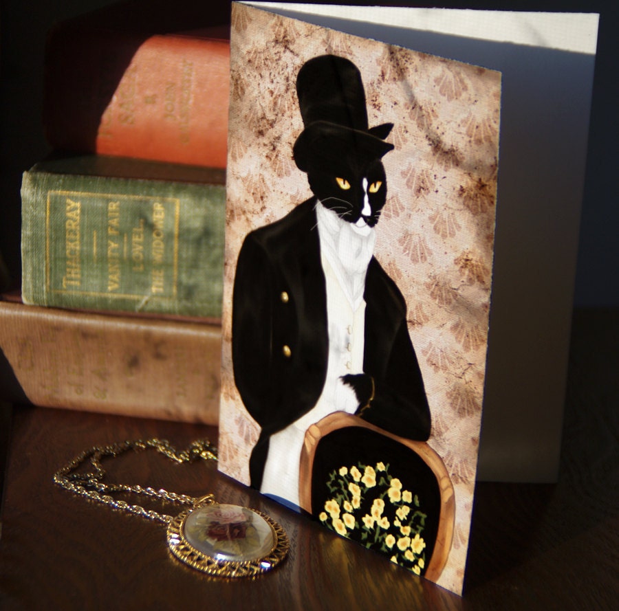 Love Mr Darcy Cat Greeting Card 5x7, Tuxedo Cat Elegantly Dressed in Regency Clothes