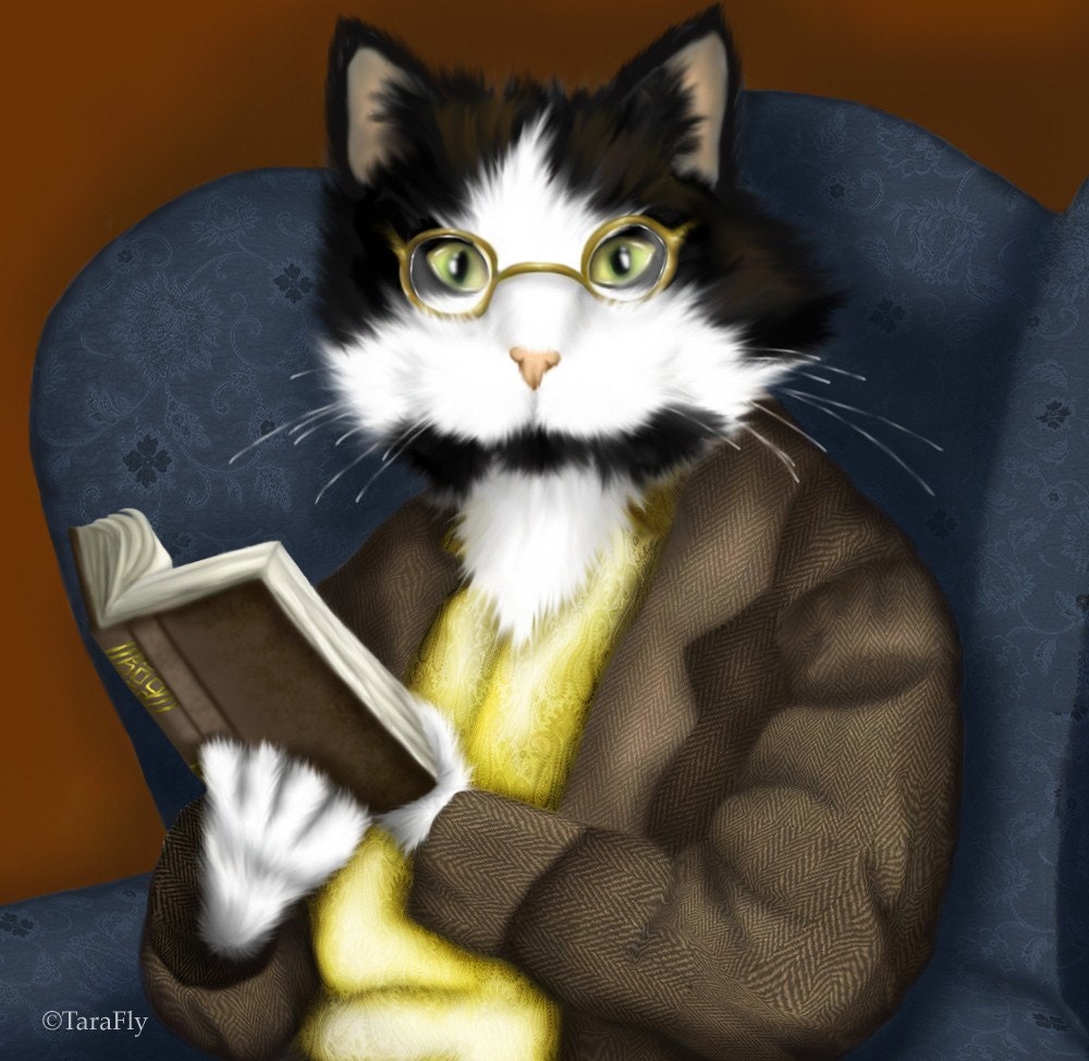 Tuxedo Cat Art, Cat Reading Book, Wearing Glasses 5x7 Fine Art Print