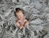 LARgE Hybrid Gray and Brown Faux Fur Baby Photo Prop Artificial Fur Fabric  Blanket - Newborn and Family Photography Prop 36" x 62"
