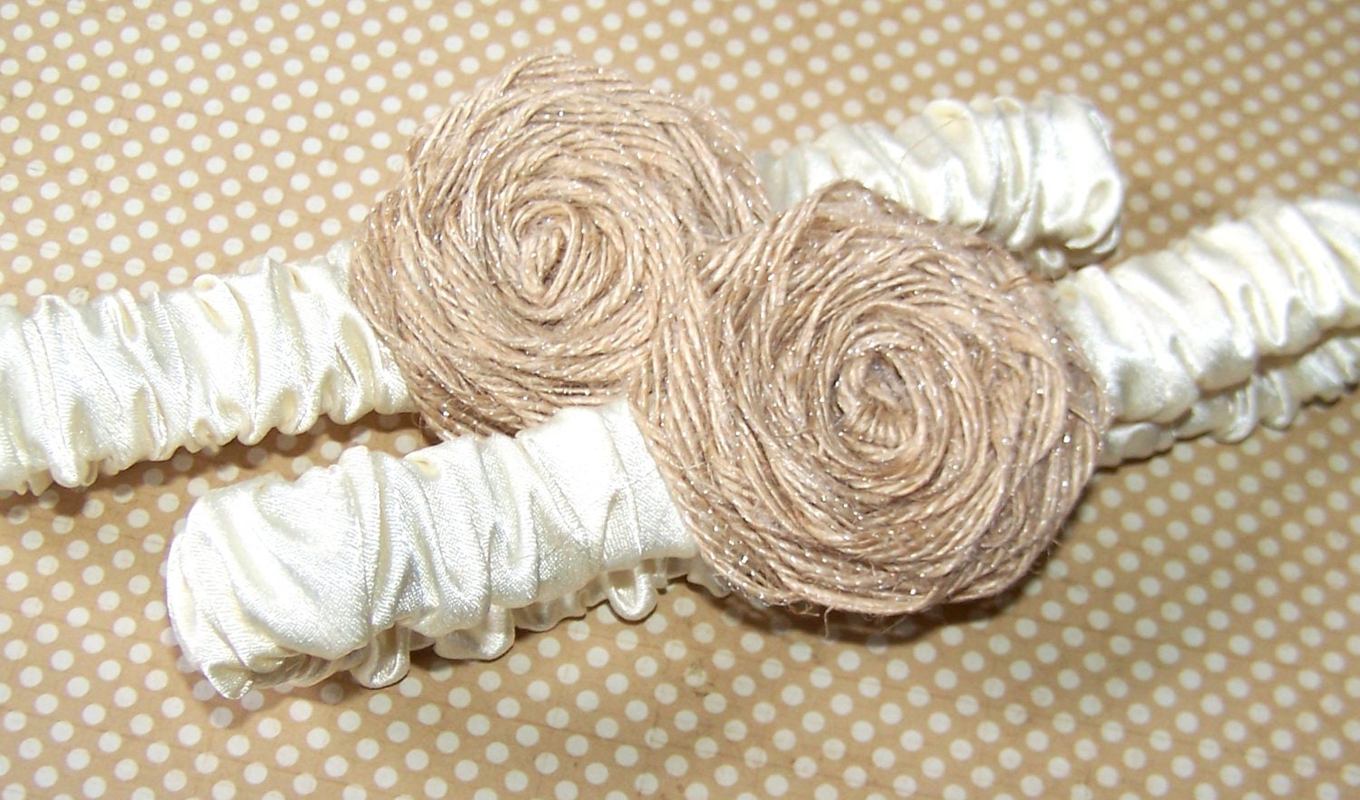 Wedding Garter Set - Burlap Rosette with Ivory Satin Band, Rustic Chic