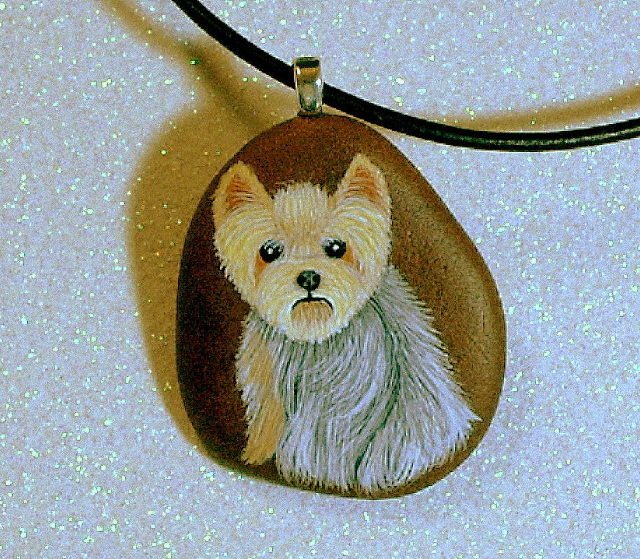Custom pet portrait, personalize your pet, Yorki dog, stone pendant, made to order, leather necklace, hand painted rocks by rockartiste