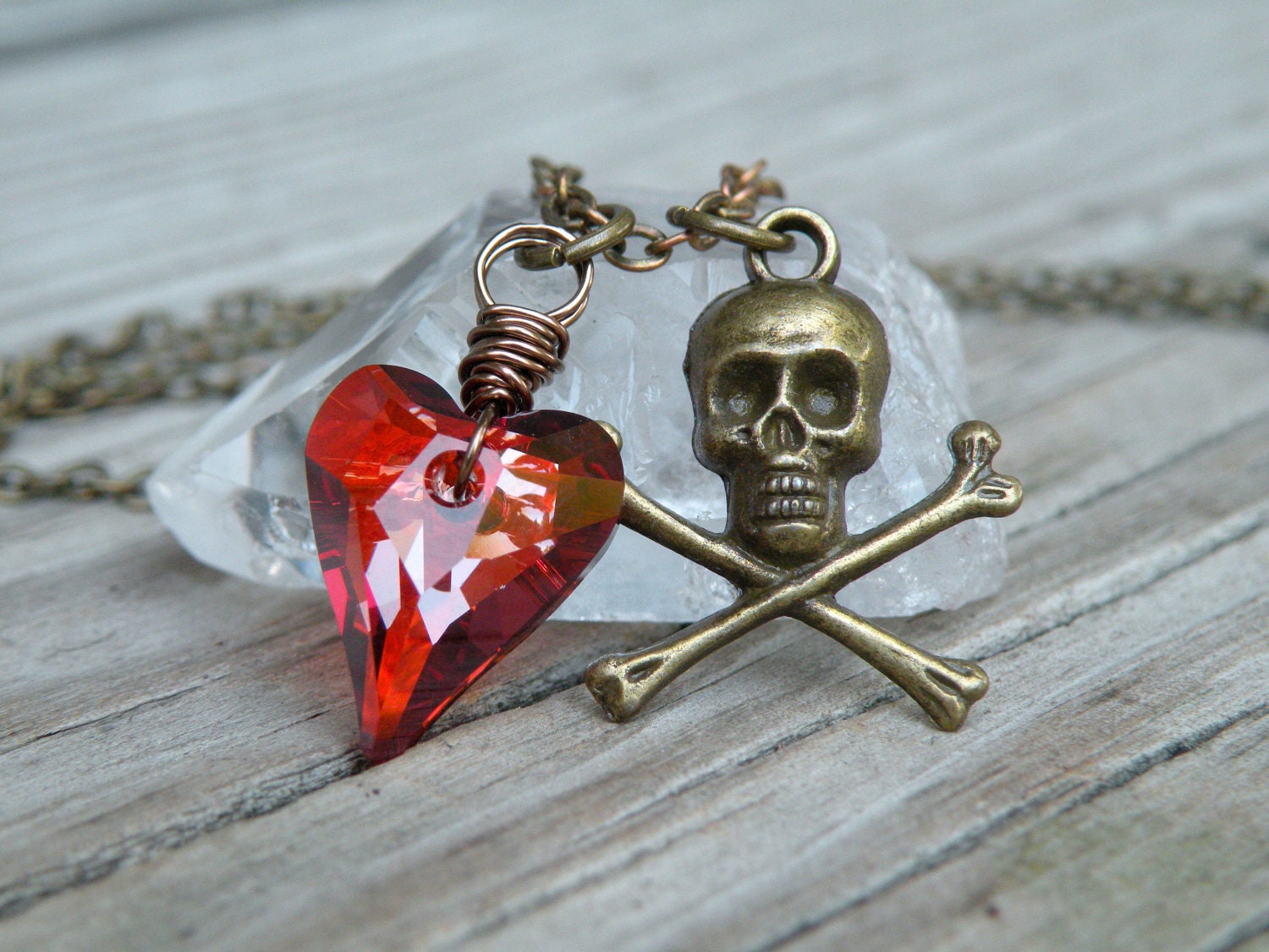 Skull Necklace, Swarovski Crystal Heart, Red, Pirate Necklace