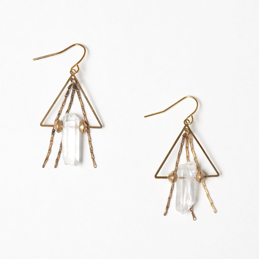 Brass Triangle and Clear Quartz Crystal Earrings with Tassel Detail