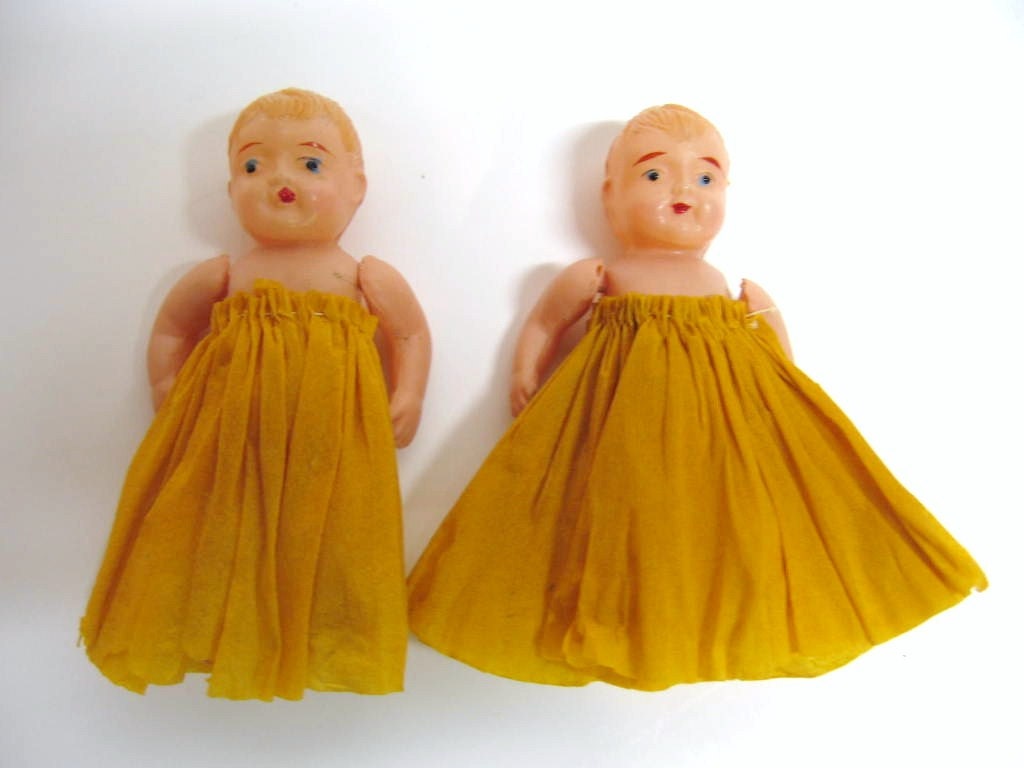 Adorable Vintage Plastic Dime Store Dolls - Jointed - Crepe Paper Dresses - 1950s - Made in Japan