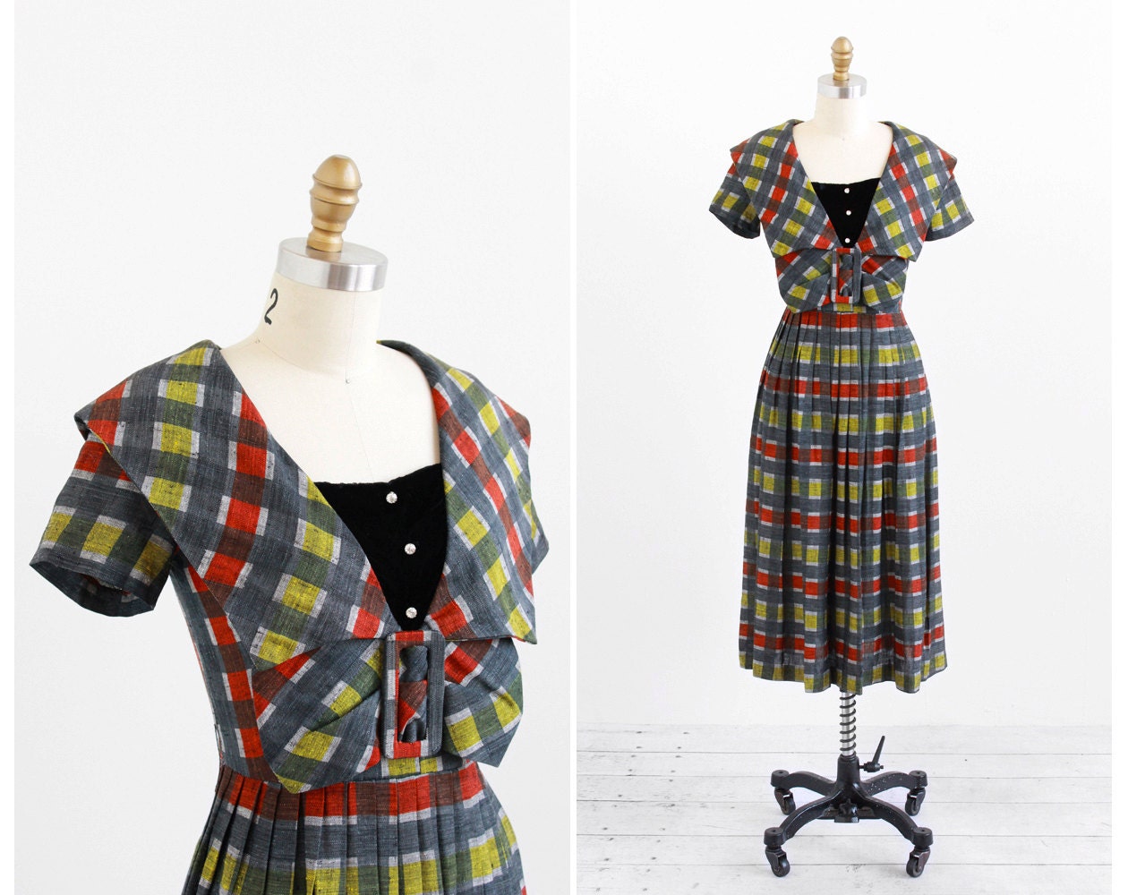 vintage 1950s dress / 50s dress / Grey and Red Plaid Dress with Enormous Bow and Rhinestones