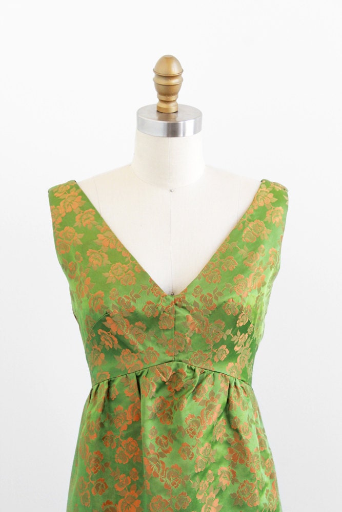 vintage 1960s dress / mad men dress / Green and Orange Roses Floral Satin Cocktail Dress