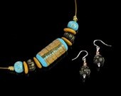 Tribal Beadwork Necklace & Dangle  Earring Set - Statement Necklace  - Polymer Clay Jewelry - Art Jewelry  -  Clay Jewelry