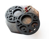 Black Wooden Earrings with Ruby Red Glass, Swirl, Round,Cirlce