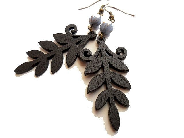 Black Wooden Fern Earrings with Blue Glass Beads