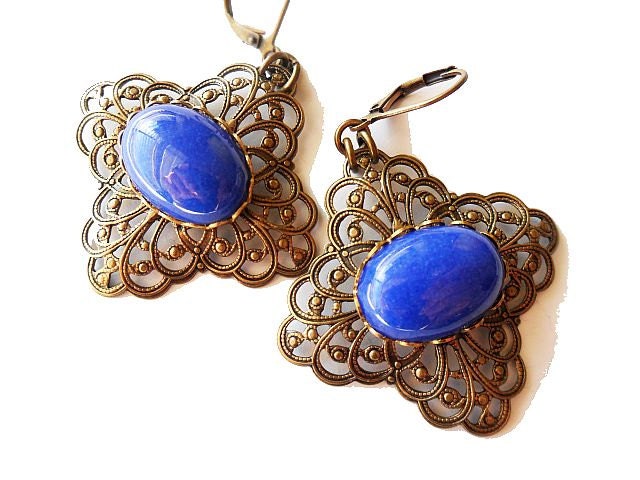 Boho Lapis Blue and Filigree Dangle Earrings, Antique Gold, Gypsy, Bohemian