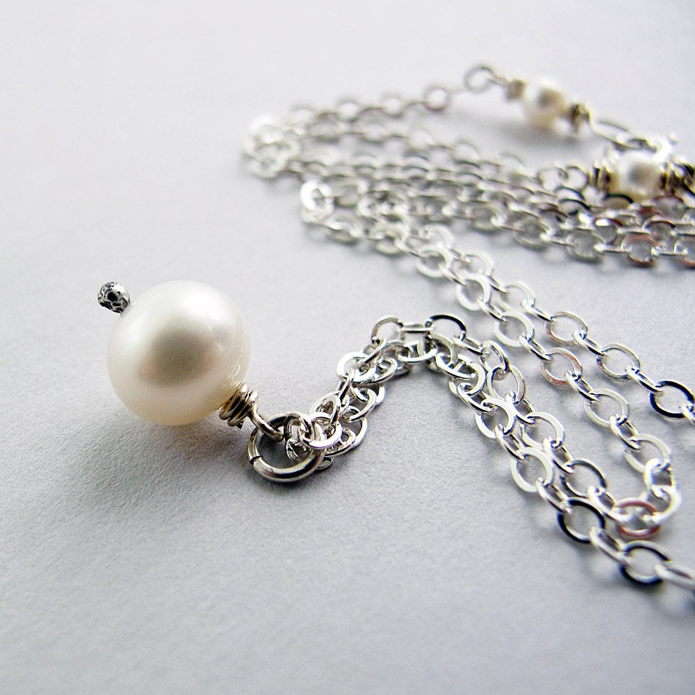Pearl Necklace, White Freshwater Pearl on Sterling Silver Chain, June Birthstone