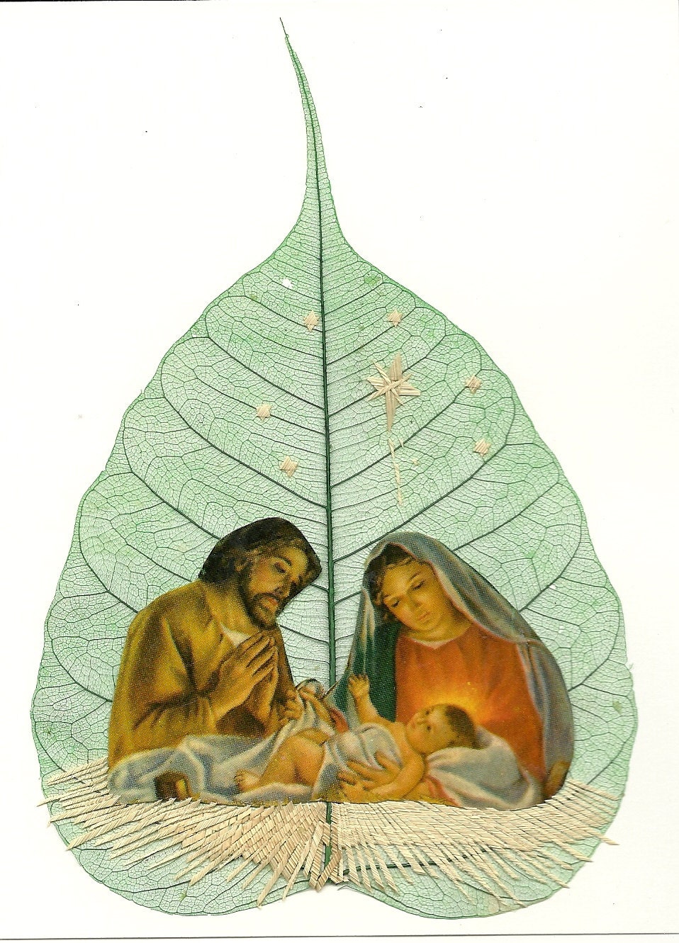 Christmas Nativity on leaf.  No two leaf art look exactly alike.  Handmade leaf art collectible. Ready to frame.