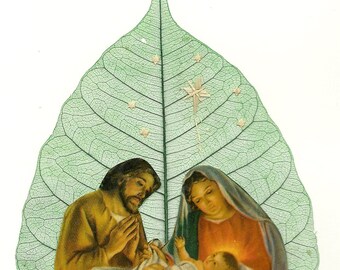 Christmas Nativity on leaf.  No two leaf art look exactly alike.  Handmade leaf art collectible. Ready to frame.